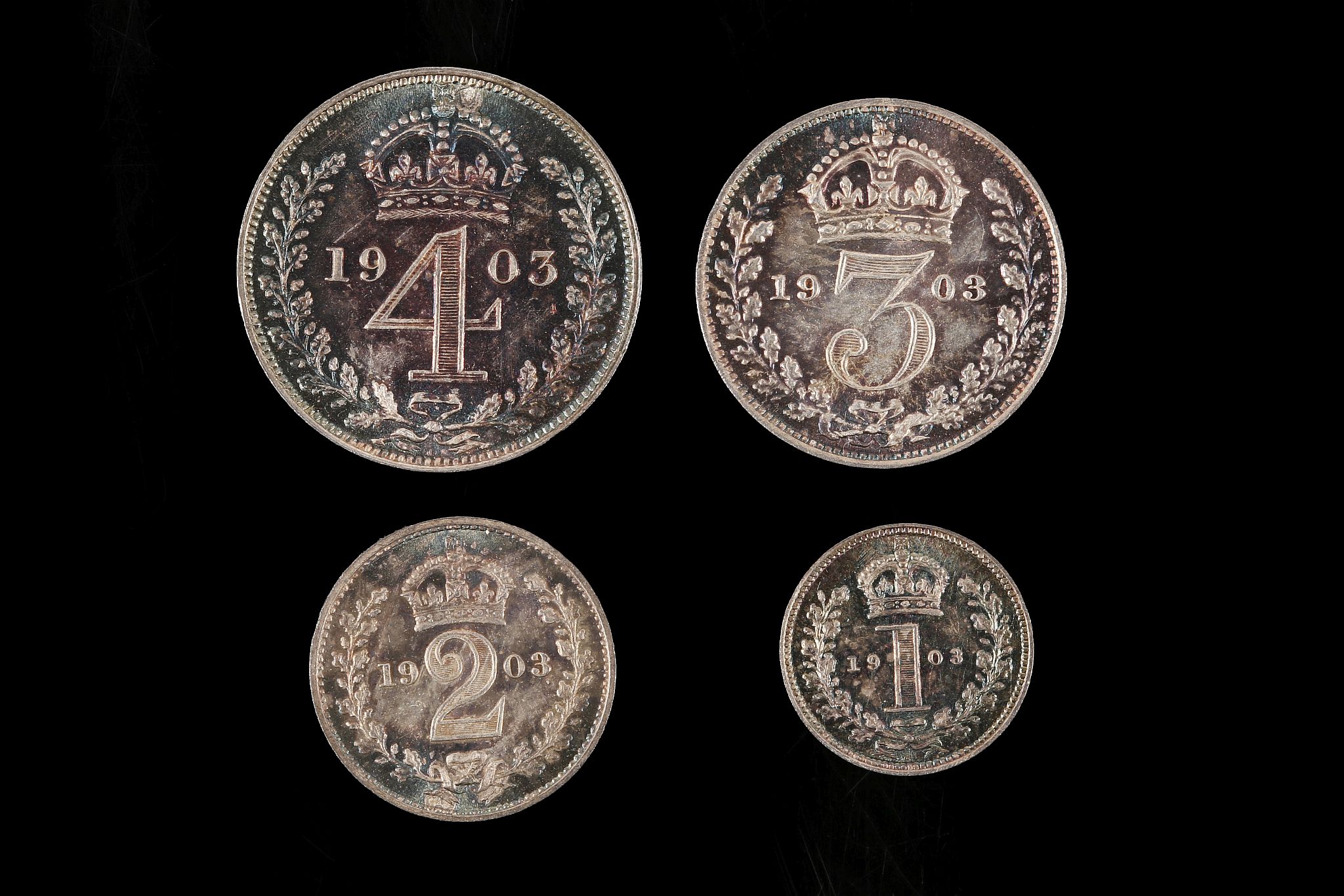 Edward VII 1903, maundy money set of four coins, bust right / Arabic values beneath crown within