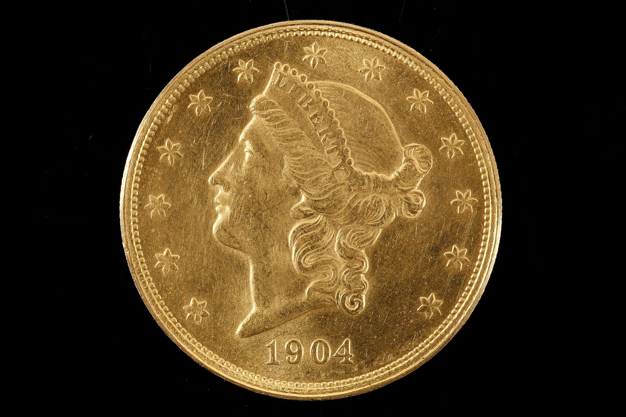 A 1904 American $20 gold coin, Liberty head left / eagle over shield, very near UNC. - Image 2 of 3