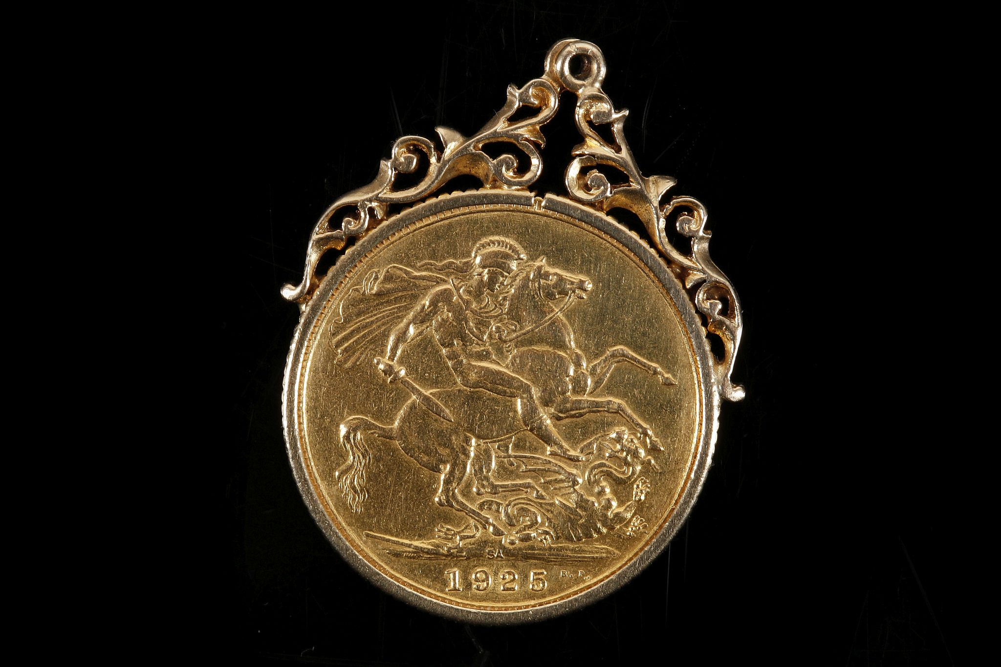 George V 1925, bust left / George and dragon, now mounted for use as a pendant.