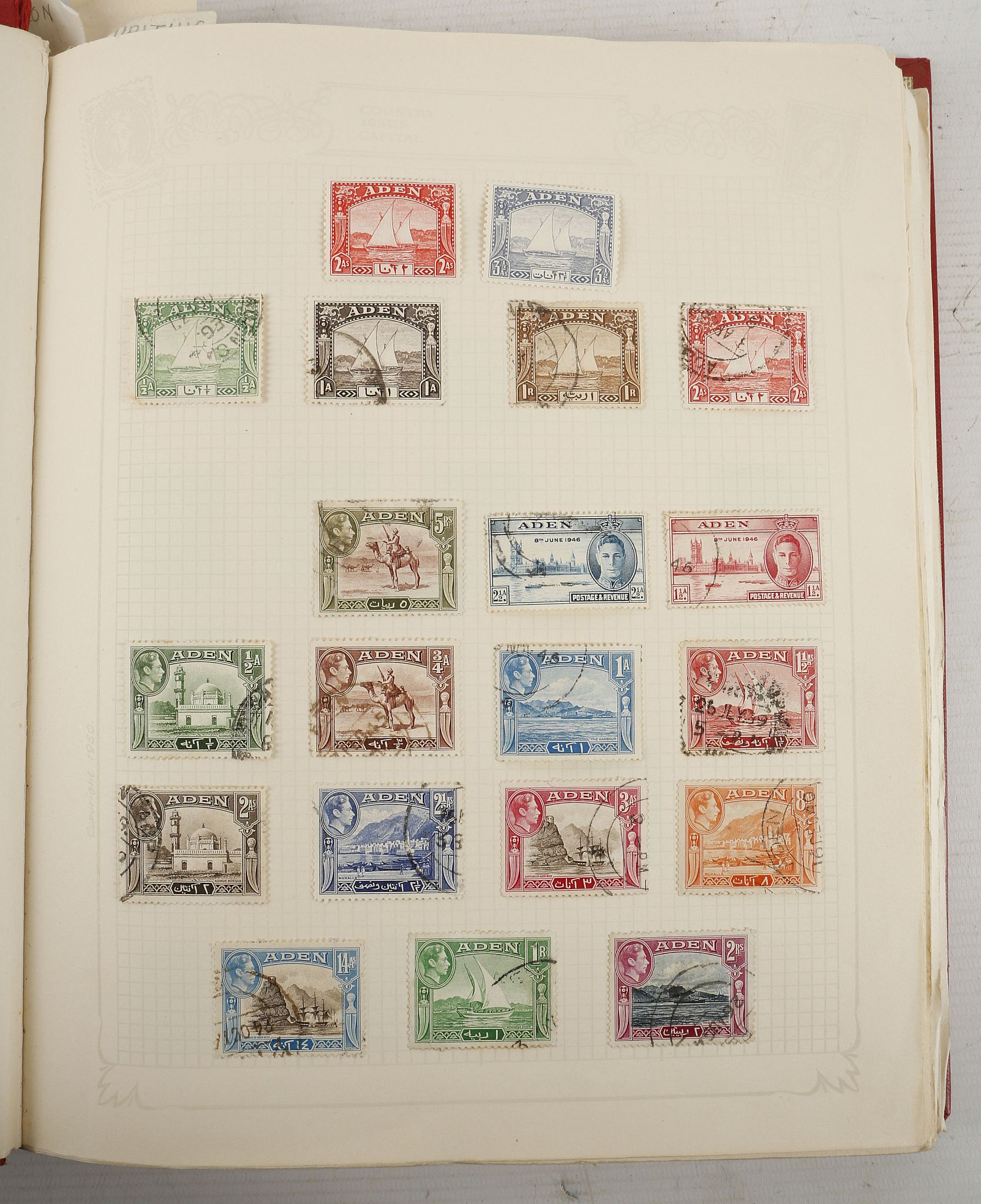 A collection of stamps, contained in a red loose leaf album and includes strength to South Africa