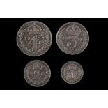 Edward VII 1907, maundy set of four coins in a morroc leather presentation case, bust right / values