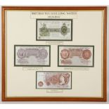 A selection of bank notes to include a Warren Fisher £1 and 10/- note, pappiet blue £1 and mauve