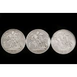 Three Victorian crowns 1893 x 2 1895, all with jubilee heads and inscribed edges (3).