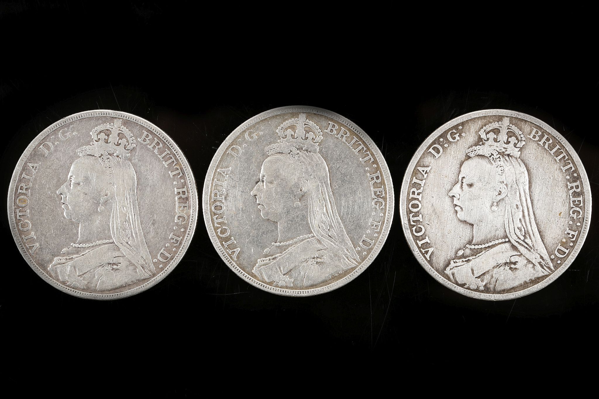 Three Victorian crowns, all 1891, jubilee head, milled edges (3). - Image 2 of 2