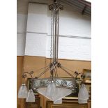 A good Edgar Brandt style wrought iron and frosted glass, six pendant light electrolier, 130cm.