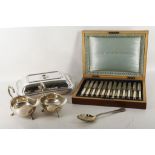 A small collection of silver plate to include a wooden cased set of dessert knives and forks to