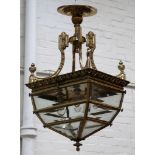 A large 19th century rectangular brass hanging hall lantern, with bevelled glass (ex Christies 22