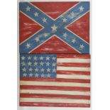 In the style of Jasper Johns, an American Stars & Stripes flag painted on board, in distressed style