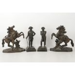 A pair of Marley style horses and grooms patinated brass, 19.5cm approx and a cast study of Napoleon