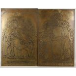 Two Gothic Revival brass religious plaques, study of Christ after the cross and another with his