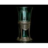 LIBERTY LONDON - an Art Nouveau pewter and green glass vase, circa 1910, stamped Liberty under,