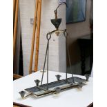 A 1900'S FRENCH CHANDELIER - of rectangular form, in brass with black enamelled detail, and