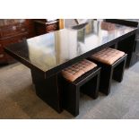 An oriental black lacquer table, 117.5cm long, with boxwood trim and edges, with set of 4 box side