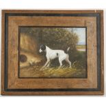 An oil painting study of a Jack Russell Terrier by a rabbit burrow, 18 x 23.5cm.