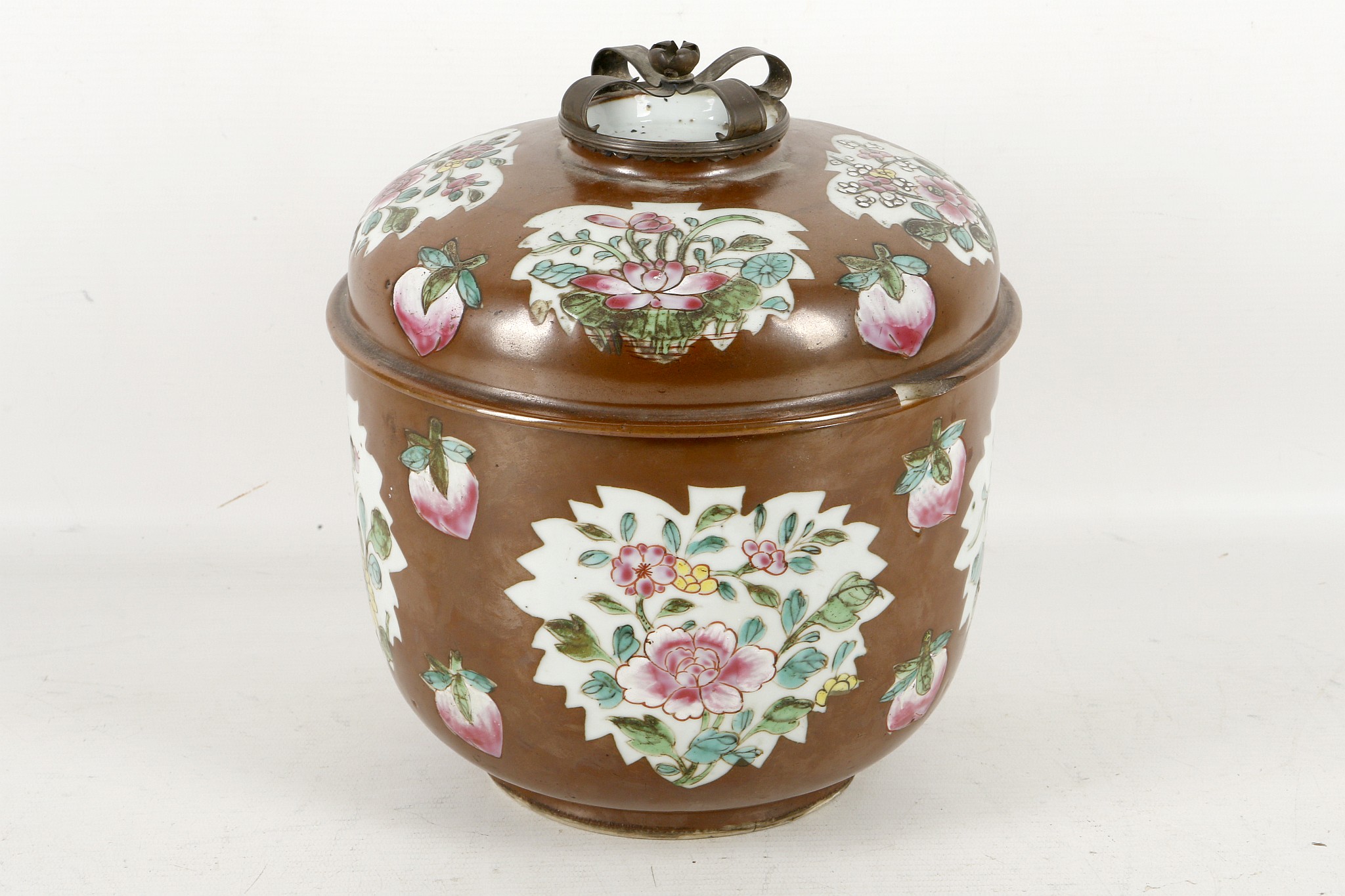 A Chinese lidded pot, metal crown finial, 'copper' overlay lustre to famille rose decoration, approx - Image 2 of 2