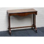 A Victorian side table, walnut, floral inlay, herringbone banding, barley twist legs and
