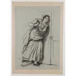 Circa 1840/50, a pair of trade portraits, conte on grey. Depicting a servant girl, listening at