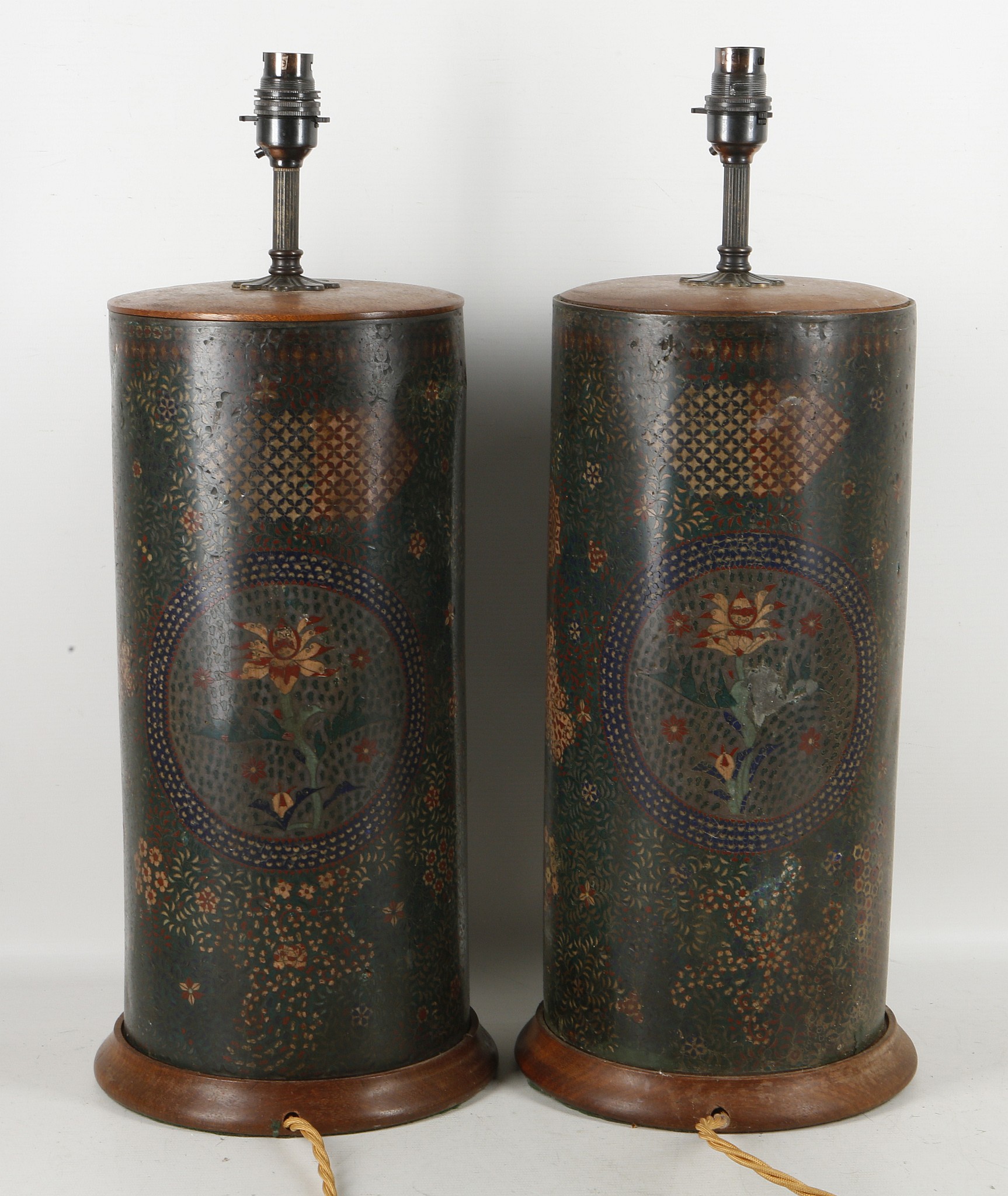 A pair of cloisonne cylinders now formed as table lamps, floral and geometric patterns, 39cm high. - Image 2 of 2