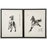 A pair of Chinese woodblock printed album leaves, reproducing horse paintings by Xu Beihong, 1960'