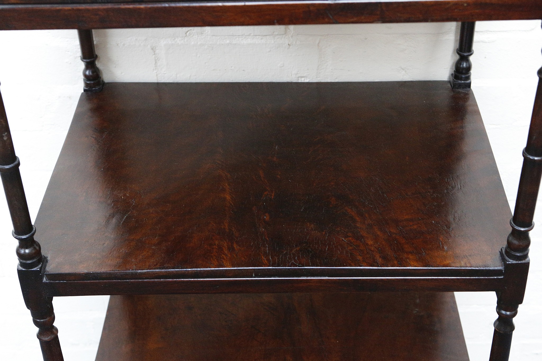 A 19th century mahogany what-not, with turned supports, three tiers and single drawer, 55 x 41cm. - Image 3 of 4