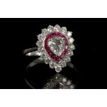 An Art Deco style, 18ct white gold, diamond and ruby cluster ring, the main rose cut pear shaped