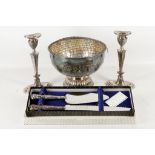 An Edwardian style, Sheffield silver plated rose bowl, having embossed decoration, a pair of