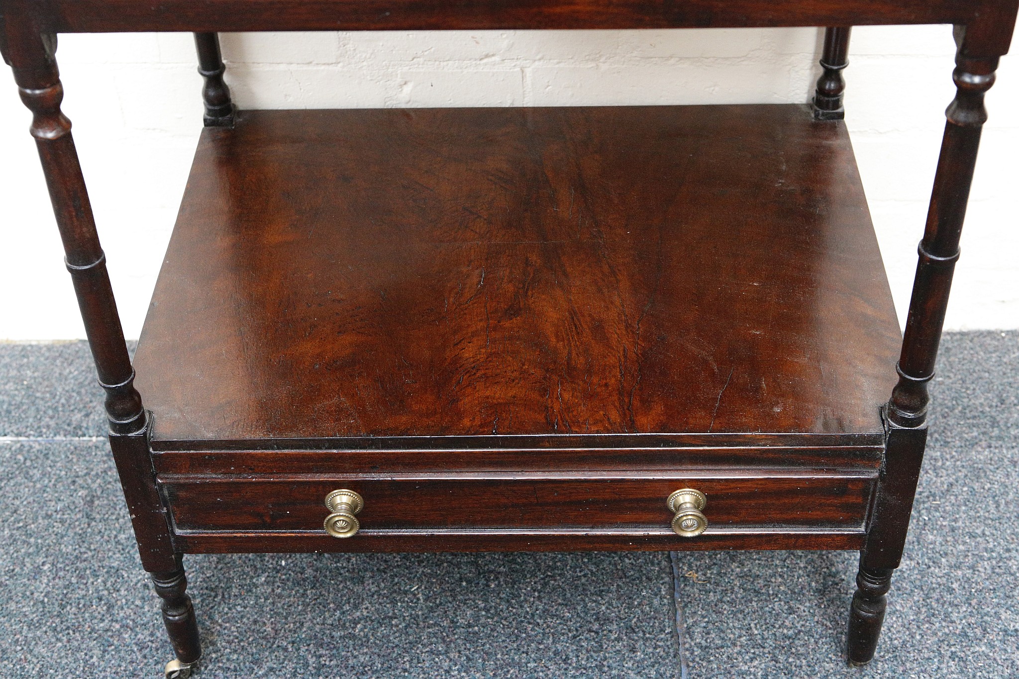 A 19th century mahogany what-not, with turned supports, three tiers and single drawer, 55 x 41cm. - Image 4 of 4