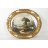 Mid 19th century, English school. An interesting oval mounted summer landscape view on silk,