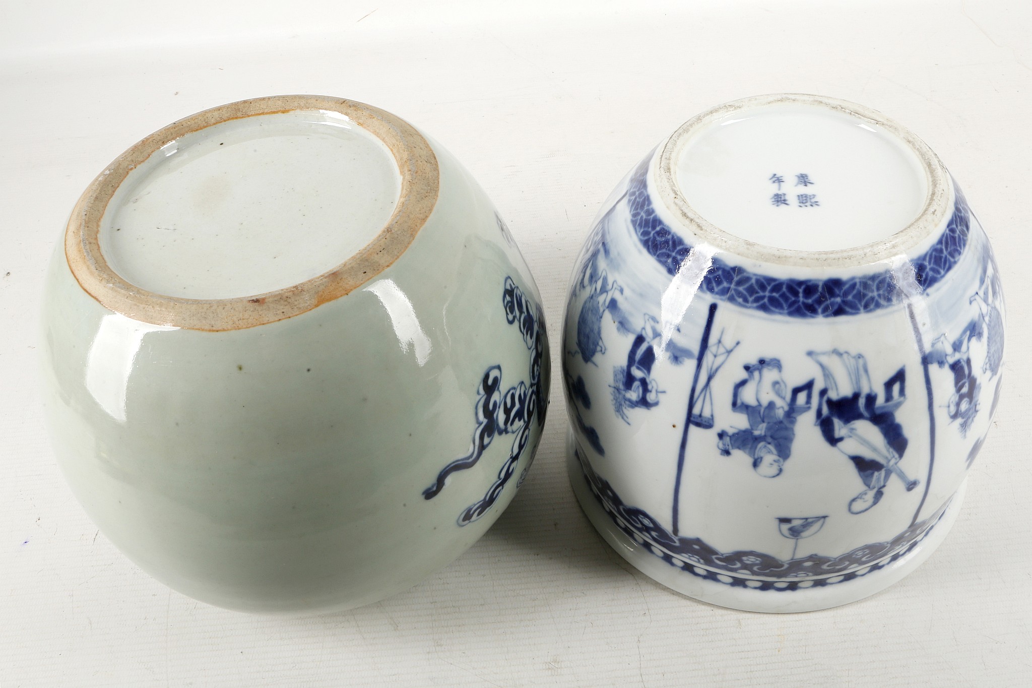 A Chinese blue and white figurative jardinere, together with a celadon blue and white Fo dog - Image 3 of 3