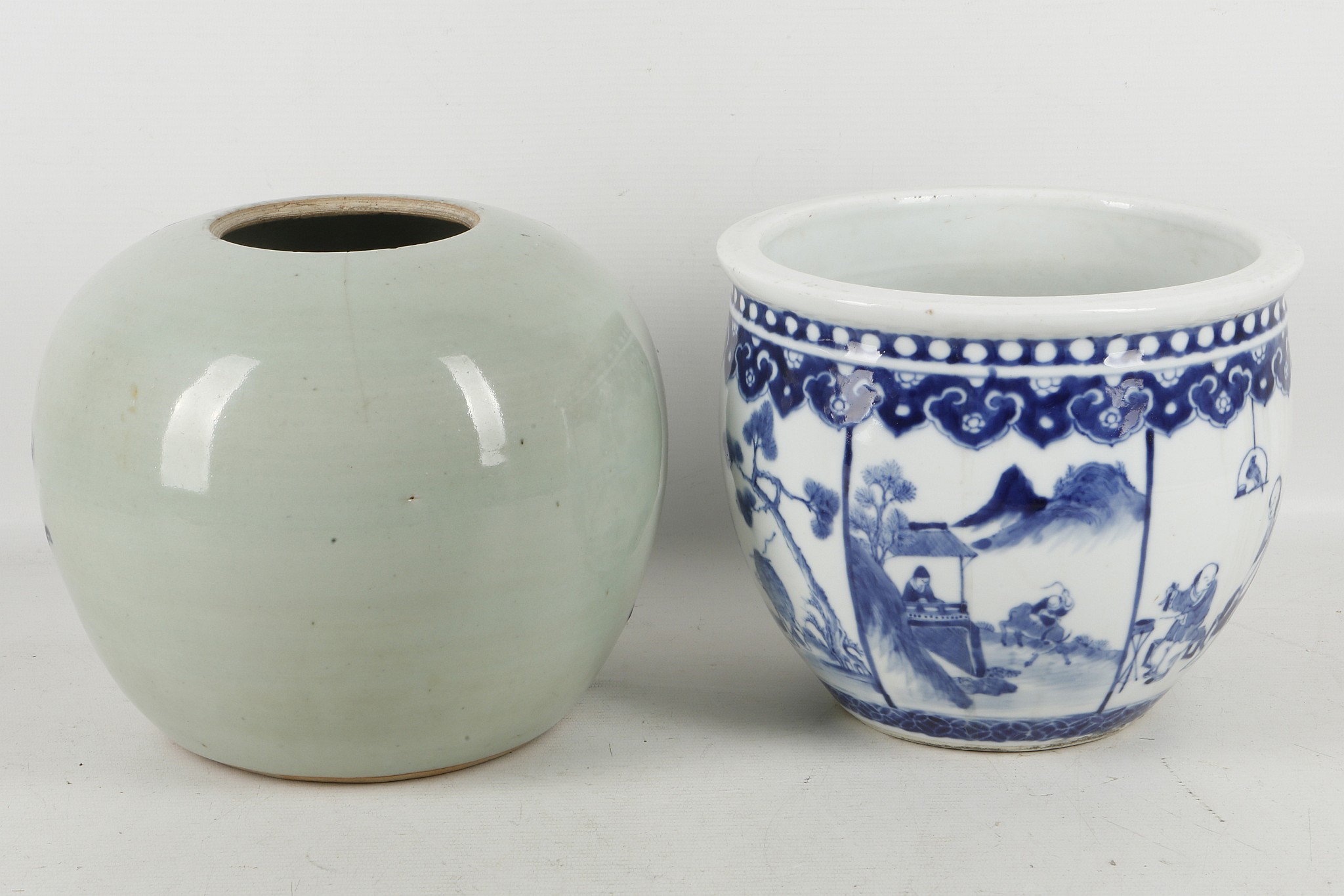 A Chinese blue and white figurative jardinere, together with a celadon blue and white Fo dog - Image 2 of 3