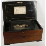 A Swiss table top cabinet music box, cylinder and bells having 6 operatic tunes, mahogany cased with