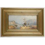 An oil painting seascape with fishing boats in a cove and figures on shoreline, gilt framed, 19 x