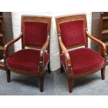 A Pair of French late Empire fauteuil armchairs, flame mahogany, leaf caving to arms, floral