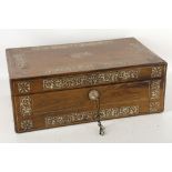 A 19th century rosewood and mother of pearl inlaid writing slope, the hinged lid opening to reveal a