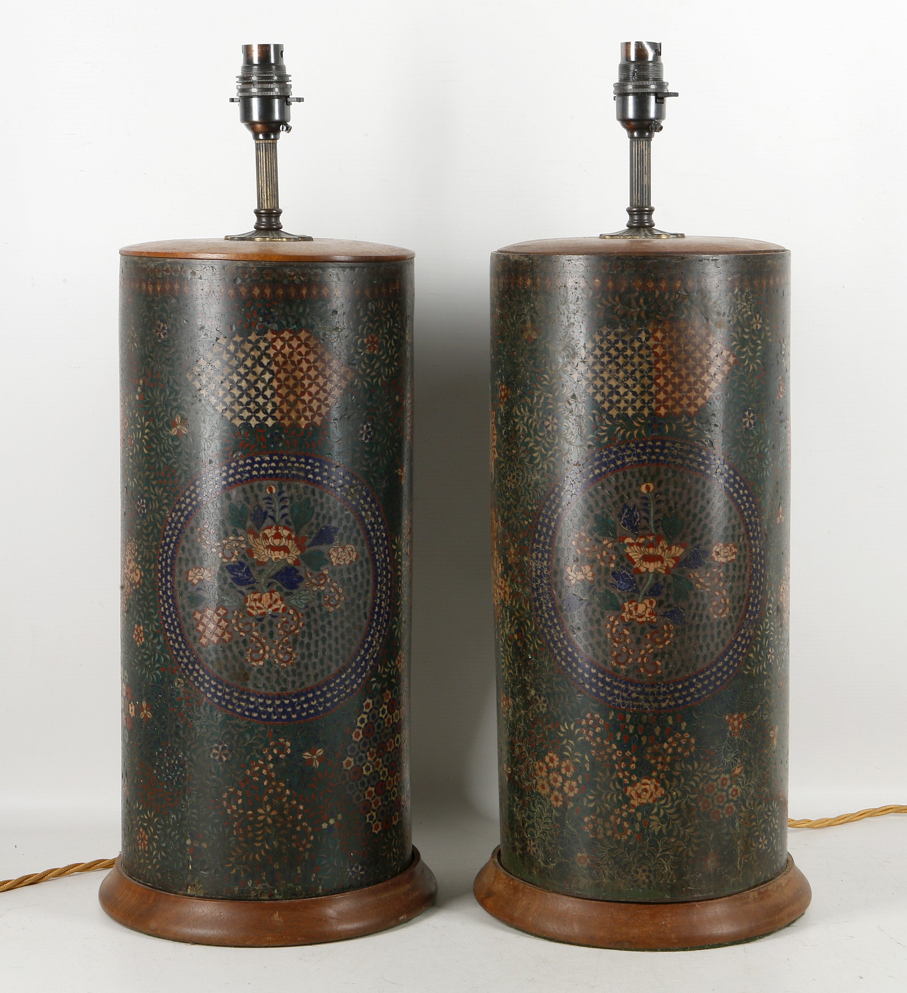 A pair of cloisonne cylinders now formed as table lamps, floral and geometric patterns, 39cm high.