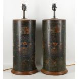 A pair of cloisonne cylinders now formed as table lamps, floral and geometric patterns, 39cm high.