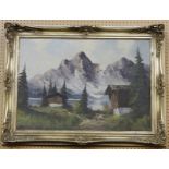 Gruya, 20th century. 'An Alpine View', acrylic on board. Signed lower right. In a giltwood frame, 50