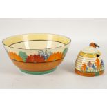 An Art Deco Clarice Cliff, bizarre bowl in 'Gayday' pattern, 16.5 diameter, together with a small