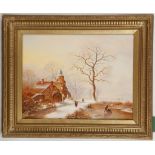 Pieter Van Straaten b.1935, 'A Dutch Winter Scene'. An atmospheric oil on panel, signed lower right.