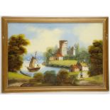 A late 19th century reverse glass painting of a river scene with church tower on far bank, 38 x