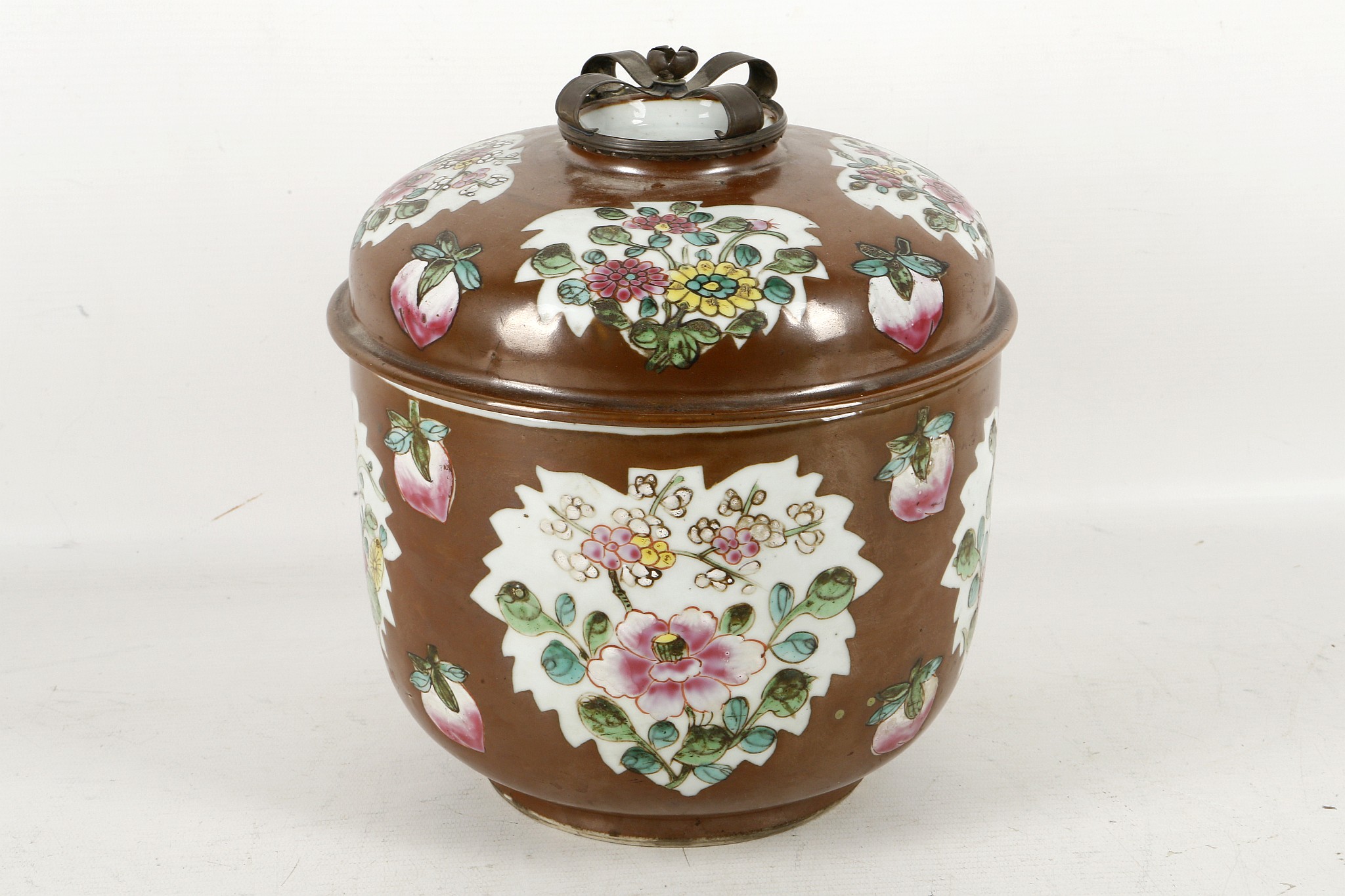 A Chinese lidded pot, metal crown finial, 'copper' overlay lustre to famille rose decoration, approx