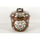 A Chinese lidded pot, metal crown finial, 'copper' overlay lustre to famille rose decoration, approx