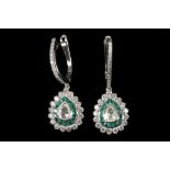 A pair of 18ct white gold, diamond and emerald pear shaped cluster drop earrings. Main diamonds: 0.