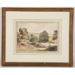 Peter de Wint attributed. A British school, pastoral watercolour, 13 x 18.5cm. Mounted, glazed and