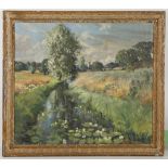 Mid 20th century British school. 'An English Summer Landscape'. Oil on artist board. Indistinctly