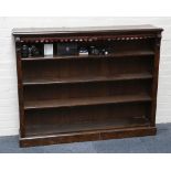 A Victorian simulated burr walnut open dwarf bookcase, on plinth base, 137 x 29cm.