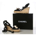 CHANEL ESPADRILLES, black canvas with cream woven