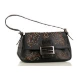 FENDI BAGUETTE HANDBAG, black embroidered leather