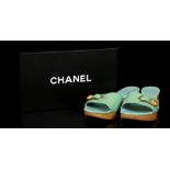 CHANEL SLIP ON SANDALS, patent turquoise leather w