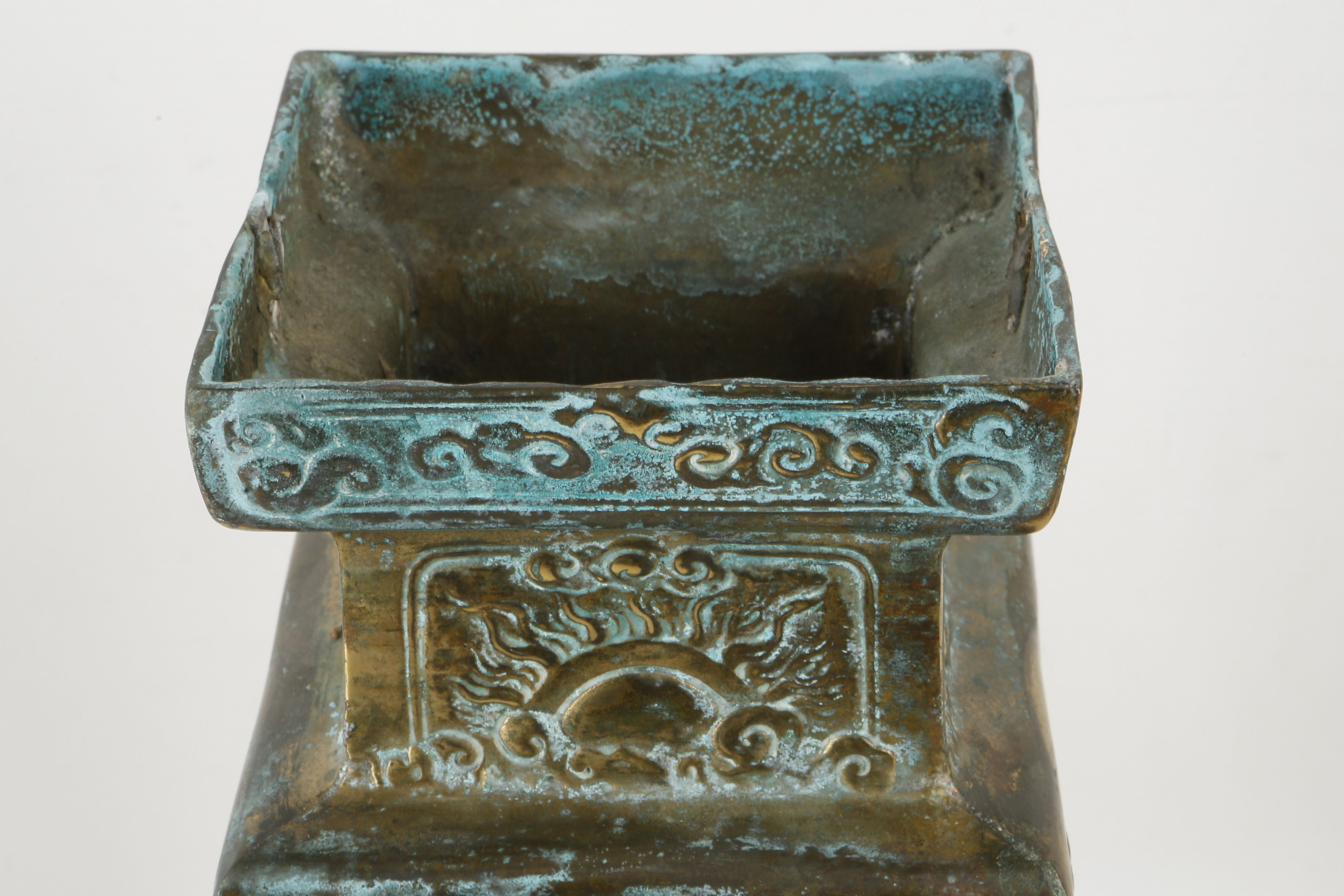 A Chinese copper alloy square section reticulated lantern, the sides decorated with vases filled - Image 3 of 4
